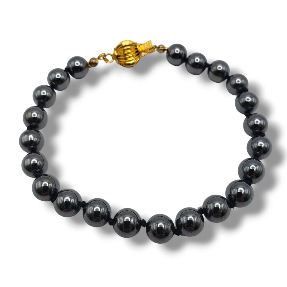 Hematite Gray Bead Hand Knotted Bracelet Gold Tone Box Clasp Closure Vintage